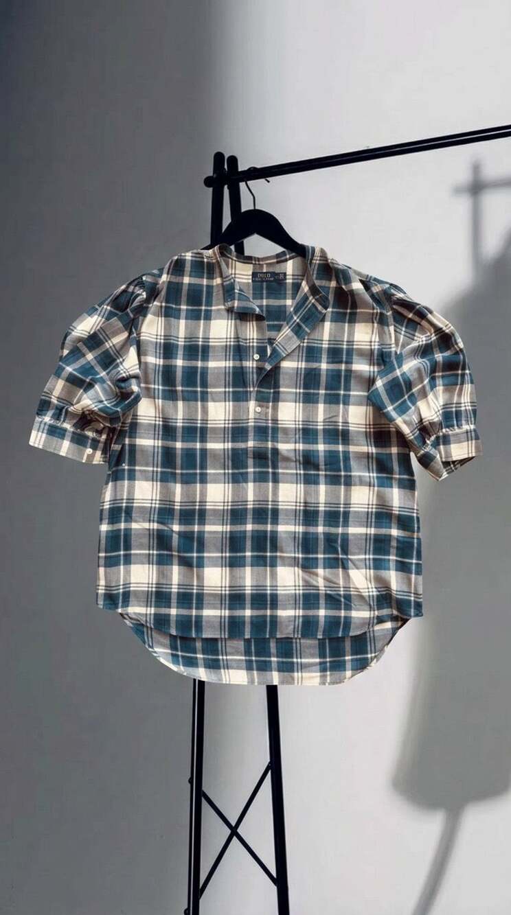 Women's Polo Ralph Lauren Blue and White Plaid Short Sleeve Henley Shirt